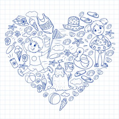 Küçük chilren ile vektör deseni. Aile yaz tatilleri. Plaj, okyanus, ada, güneş. Çocuklar oynar. Yüzme ve rahatlama.