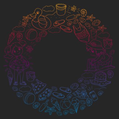 Küçük chilren ile vektör deseni. Aile yaz tatilleri. Plaj, okyanus, ada, güneş. Çocuklar oynar. Yüzme ve rahatlama.