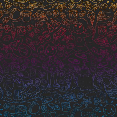 Küçük chilren ile vektör deseni. Aile yaz tatilleri. Plaj, okyanus, ada, güneş. Çocuklar oynar. Yüzme ve rahatlama.