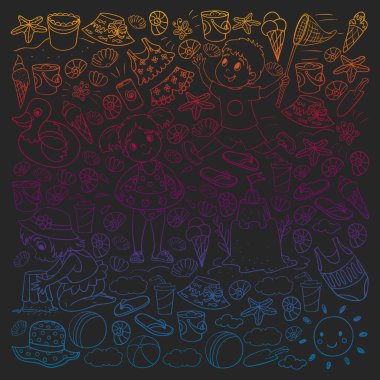 Küçük chilren ile vektör deseni. Aile yaz tatilleri. Plaj, okyanus, ada, güneş. Çocuklar oynar. Yüzme ve rahatlama.