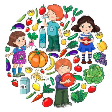 Sağlıklı beslenen çocukların taşıyıcı kalıpları. Meyve ve sebze. Çocuklar süt ve süt ürünlerini sever. Mağaza, alışveriş merkezi, menü, kafe, restoranlar için desen.