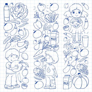 Sağlıklı beslenen çocukların taşıyıcı kalıpları. Meyve ve sebze. Çocuklar süt ve süt ürünlerini sever. Mağaza, alışveriş merkezi, menü, kafe, restoranlar için desen.