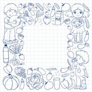 Sağlıklı beslenen çocukların taşıyıcı kalıpları. Meyve ve sebze. Çocuklar süt ve süt ürünlerini sever. Mağaza, alışveriş merkezi, menü, kafe, restoranlar için desen.