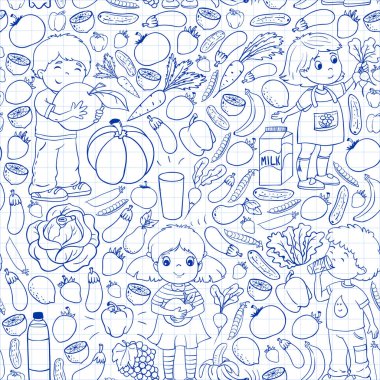 Sağlıklı beslenen çocukların taşıyıcı kalıpları. Meyve ve sebze. Çocuklar süt ve süt ürünlerini sever. Mağaza, alışveriş merkezi, menü, kafe, restoranlar için desen.