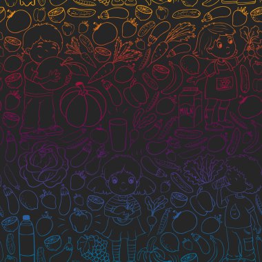 Sağlıklı beslenen çocukların taşıyıcı kalıpları. Meyve ve sebze. Çocuklar süt ve süt ürünlerini sever. Mağaza, alışveriş merkezi, menü, kafe, restoranlar için desen.