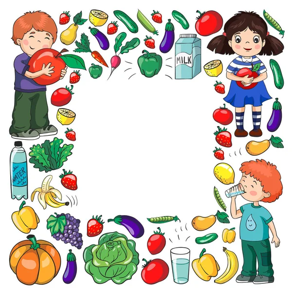 健康な食べ物を食べる子供たちとベクトルパターン。果物や野菜。牛乳や乳製品のような子供たち。店舗、モール、メニュー、カフェ、レストランのパターン. — ストックベクタ
