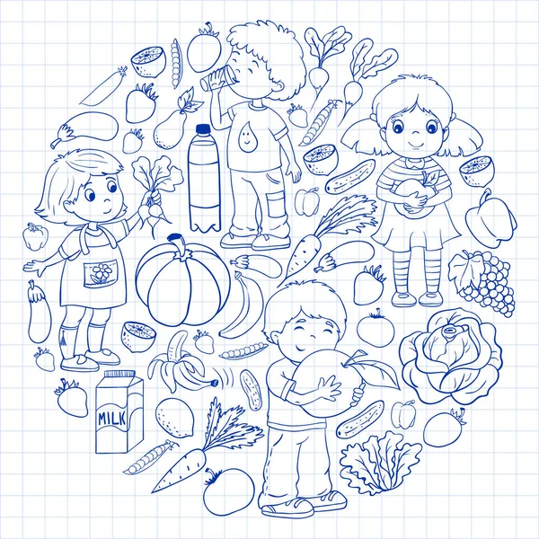 Patrón vectorial con niños comiendo alimentos saludables. Frutas y verduras. A los niños les gusta la leche, los productos lácteos. Patrón para tienda, centro comercial, menú, cafetería, restaurantes . — Vector de stock