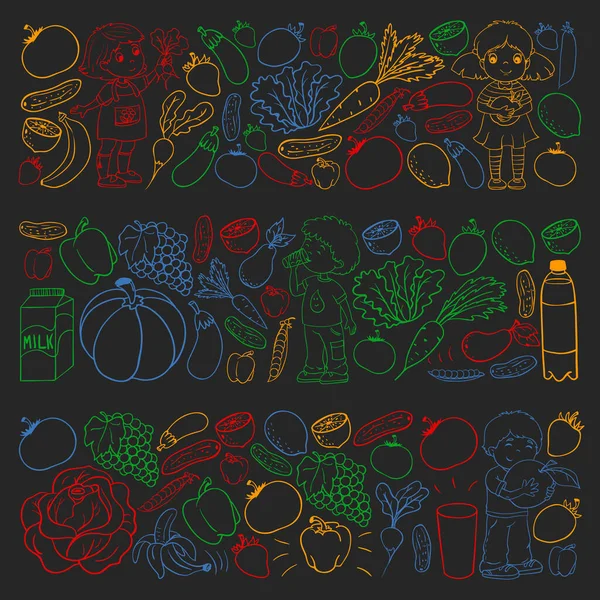 Vector pattern with children eating healthy food. Fruits and vegetables. Kids like milk, dairy products. Pattern for store, mall, menu, cafe, restaurants. — Stock Vector