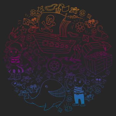 Vektör küçük çocuklar için doğum günü partisi için korsan unsurları ile ayarlayın. Ahtapot, plaj, hazine sandığı, gemi ile Çocuk desen