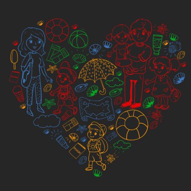 Vektör deseni. Yaz tatilleri. Küçük çocuklar. Çocuklu mutlu bir aile. Seyahat ve macera. Kumsal, okyanus, ada, güneş