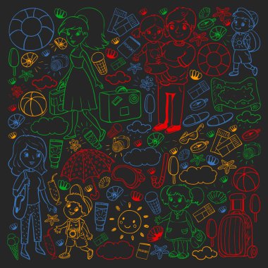 Vektör deseni. Yaz tatilleri. Küçük çocuklar. Çocuklu mutlu bir aile. Seyahat ve macera. Kumsal, okyanus, ada, güneş