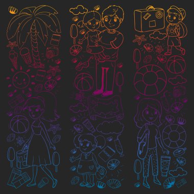 Vektör deseni. Yaz tatilleri. Küçük çocuklar. Çocuklu mutlu bir aile. Seyahat ve macera. Kumsal, okyanus, ada, güneş