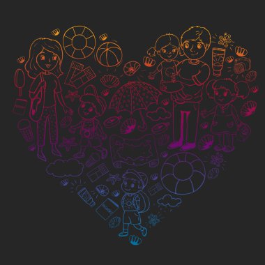 Vektör deseni. Yaz tatilleri. Küçük çocuklar. Çocuklu mutlu bir aile. Seyahat ve macera. Kumsal, okyanus, ada, güneş