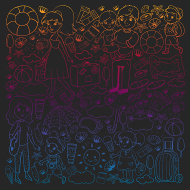 Vektör deseni. Yaz tatilleri. Küçük çocuklar. Çocuklu mutlu bir aile. Seyahat ve macera. Kumsal, okyanus, ada, güneş