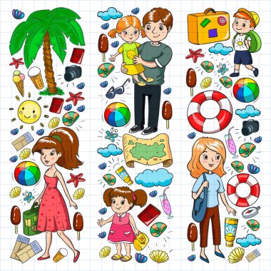 Vektör deseni. Yaz tatilleri. Küçük çocuklar. Çocuklu mutlu bir aile. Seyahat ve macera. Kumsal, okyanus, ada, güneş