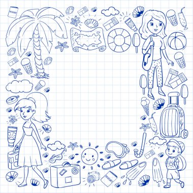 Vektör deseni. Yaz tatilleri. Küçük çocuklar. Çocuklu mutlu bir aile. Seyahat ve macera. Kumsal, okyanus, ada, güneş