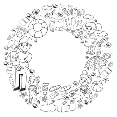 Vektör deseni. Yaz tatilleri. Küçük çocuklar. Çocuklu mutlu bir aile. Seyahat ve macera. Kumsal, okyanus, ada, güneş