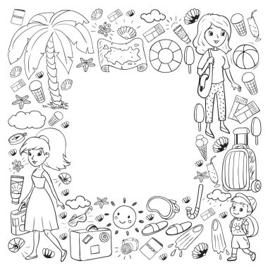 Vektör deseni. Yaz tatilleri. Küçük çocuklar. Çocuklu mutlu bir aile. Seyahat ve macera. Kumsal, okyanus, ada, güneş