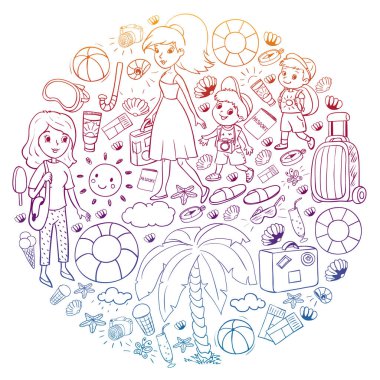 Vektör deseni. Yaz tatilleri. Küçük çocuklar. Çocuklu mutlu bir aile. Seyahat ve macera. Kumsal, okyanus, ada, güneş