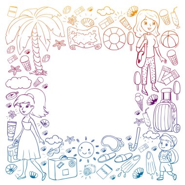 Vektör deseni. Yaz tatilleri. Küçük çocuklar. Çocuklu mutlu bir aile. Seyahat ve macera. Kumsal, okyanus, ada, güneş