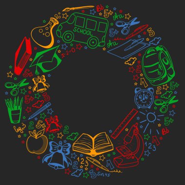 Okul simgeleriyle vektör deseni. Okula dönelim. Coğrafya, geometri, matematik, fizik, kimya, astronomi