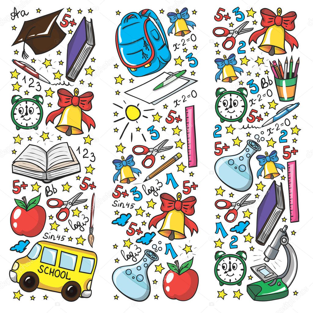 Vector pattern with school icons. Back to school. Geography, geometry, mathematics, physics, chemistry, astronomy