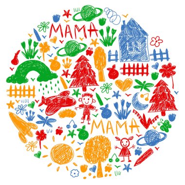 Komik çocuk çizim ile Anaokulu desen. Vektör illüstrasyon. Çocuklar oynar ve büyür.