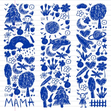 Komik çocuk çizim ile Anaokulu desen. Vektör illüstrasyon. Çocuklar oynar ve büyür.