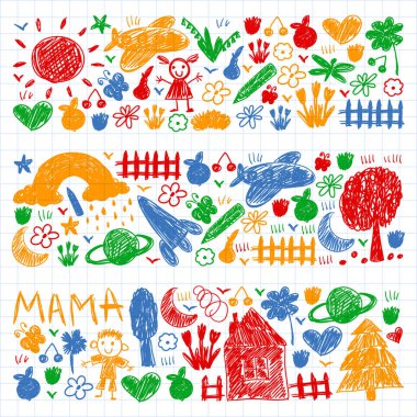 Komik çocuk çizim ile Anaokulu desen. Vektör illüstrasyon. Çocuklar oynar ve büyür.