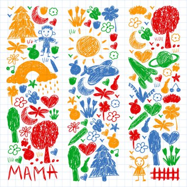 Komik çocuk çizim ile Anaokulu desen. Vektör illüstrasyon. Çocuklar oynar ve büyür.