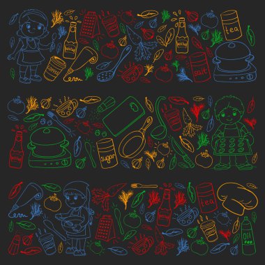 Küçük çocuklar için yemek pişirme kursunun vektör kalıbı. Çocuk simgeleri. Sağlıklı beslenme.