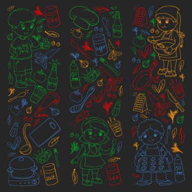 Küçük çocuklar için yemek pişirme kursunun vektör kalıbı. Çocuk simgeleri. Sağlıklı beslenme.