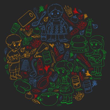 Küçük çocuklar için yemek pişirme kursunun vektör kalıbı. Çocuk simgeleri. Sağlıklı beslenme.