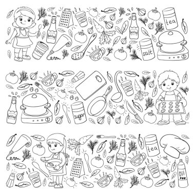 Küçük çocuklar için yemek pişirme kursunun vektör kalıbı. Çocuk simgeleri. Sağlıklı beslenme.