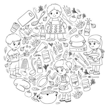 Küçük çocuklar için yemek pişirme kursunun vektör kalıbı. Çocuk simgeleri. Sağlıklı beslenme.