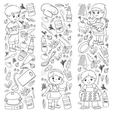 Küçük çocuklar için yemek pişirme kursunun vektör kalıbı. Çocuk simgeleri. Sağlıklı beslenme.