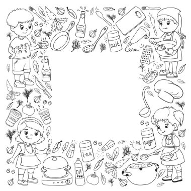 Küçük çocuklar için yemek pişirme kursunun vektör kalıbı. Çocuk simgeleri. Sağlıklı beslenme.