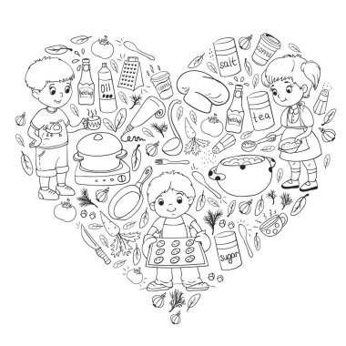 Küçük çocuklar için yemek pişirme kursunun vektör kalıbı. Çocuk simgeleri. Sağlıklı beslenme.