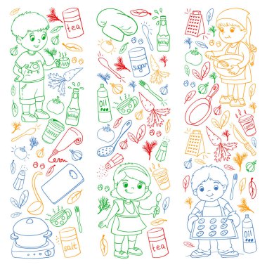 Küçük çocuklar için yemek pişirme kursunun vektör kalıbı. Çocuk simgeleri. Sağlıklı beslenme.