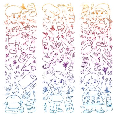 Küçük çocuklar için yemek pişirme kursunun vektör kalıbı. Çocuk simgeleri. Sağlıklı beslenme.