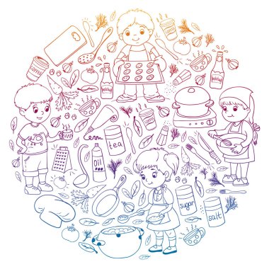 Küçük çocuklar için yemek pişirme kursunun vektör kalıbı. Çocuk simgeleri. Sağlıklı beslenme.