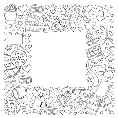 Sinema simgeleri ile vektör deseni. Sinema, Tv, patlamış mısır, video klipler, müzikal