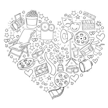 Sinema simgeleri ile vektör deseni. Sinema, Tv, patlamış mısır, video klipler, müzikal