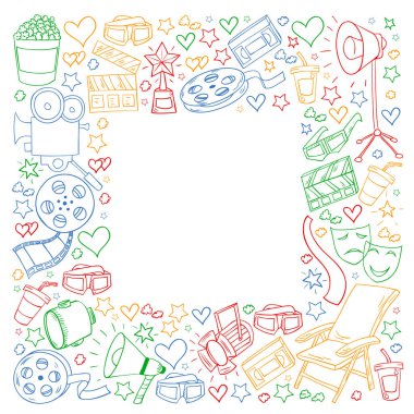 Sinema simgeleri ile vektör deseni. Sinema, Tv, patlamış mısır, video klipler, müzikal