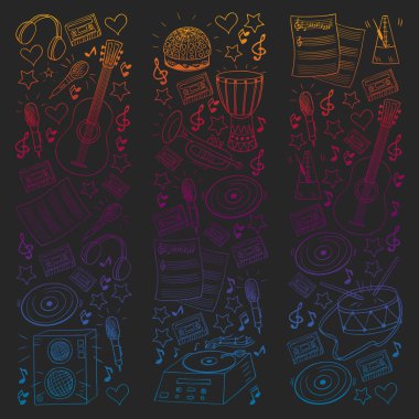 Müzikal enstrümanlı vektör deseni. Rock, caz, disko, karaoke. Modern ve klasik müzik. Doodle biçim simgeleri.