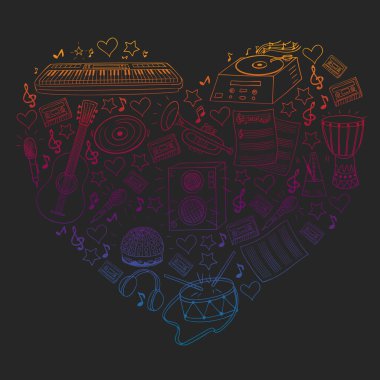 Müzikal enstrümanlı vektör deseni. Rock, caz, disko, karaoke. Modern ve klasik müzik. Doodle biçim simgeleri.