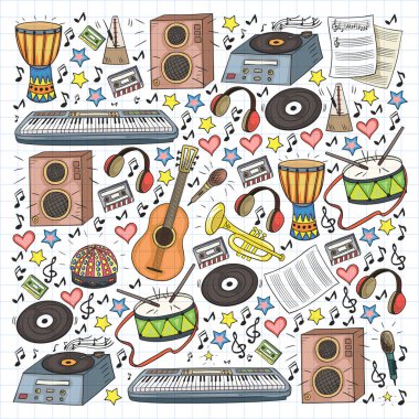 Müzikal enstrümanlı vektör deseni. Rock, caz, disko, karaoke. Modern ve klasik müzik. Doodle biçim simgeleri.