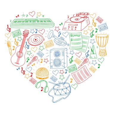 Müzikal enstrümanlı vektör deseni. Rock, caz, disko, karaoke. Modern ve klasik müzik. Doodle biçim simgeleri.