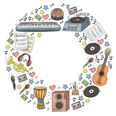 Müzikal enstrümanlı vektör deseni. Rock, caz, disko, karaoke. Modern ve klasik müzik. Doodle biçim simgeleri.