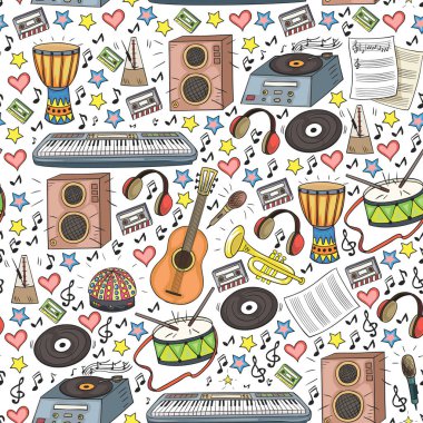 Müzikal enstrümanlı vektör deseni. Rock, caz, disko, karaoke. Modern ve klasik müzik. Doodle biçim simgeleri.